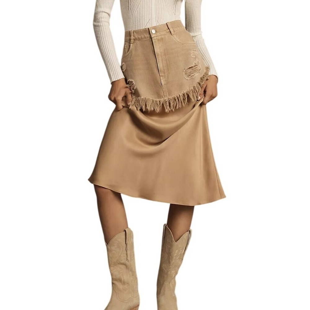 Pilcro Anthropologie Twofer Slip Midi Skirt Tan Distressed L 12 Western Boho